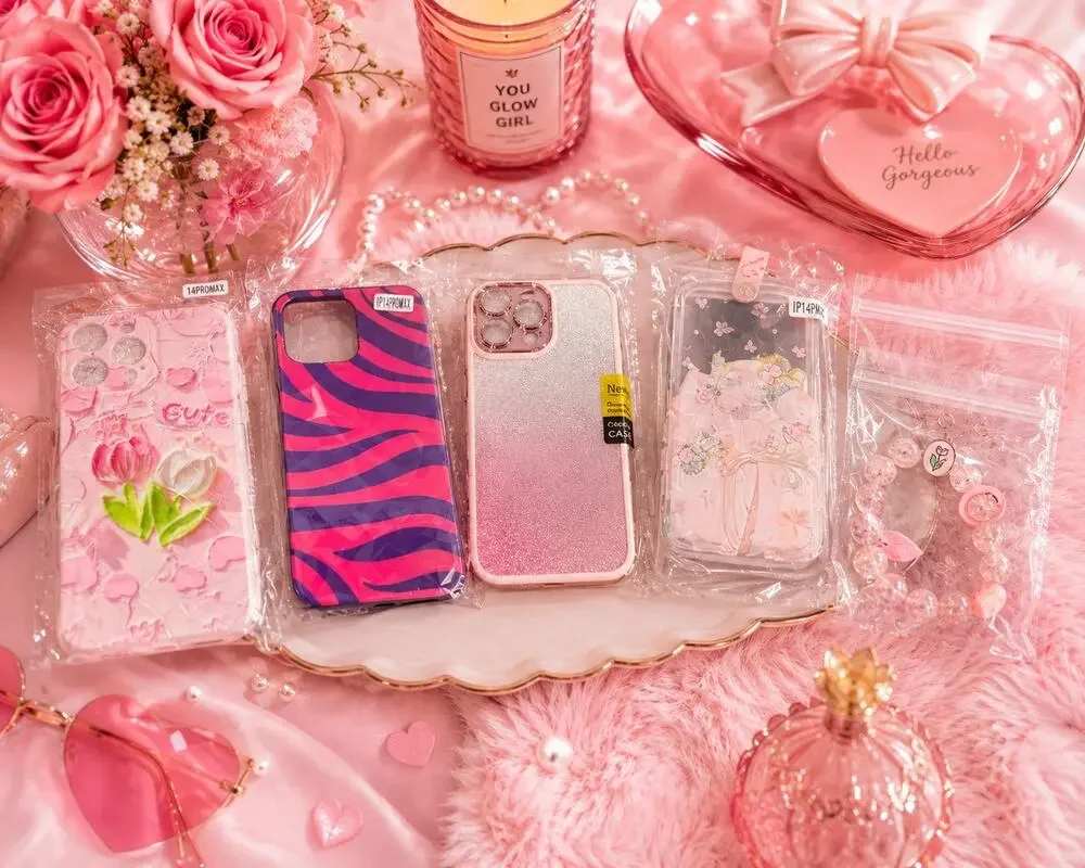 Lot of 4 Echo Miss iPhone 14 Pro Max cases girly pink with accessories